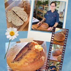 Chef Julia holding freshly baked whole wheat sourdough bread during her virtual baking class