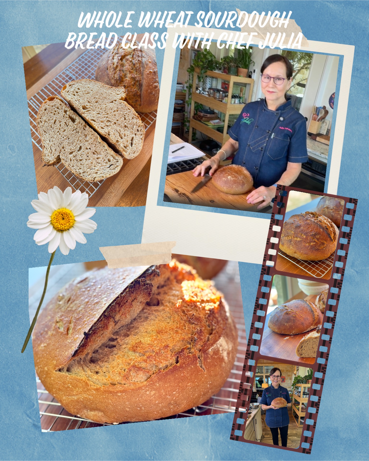 Chef Julia holding freshly baked whole wheat sourdough bread during her virtual baking class