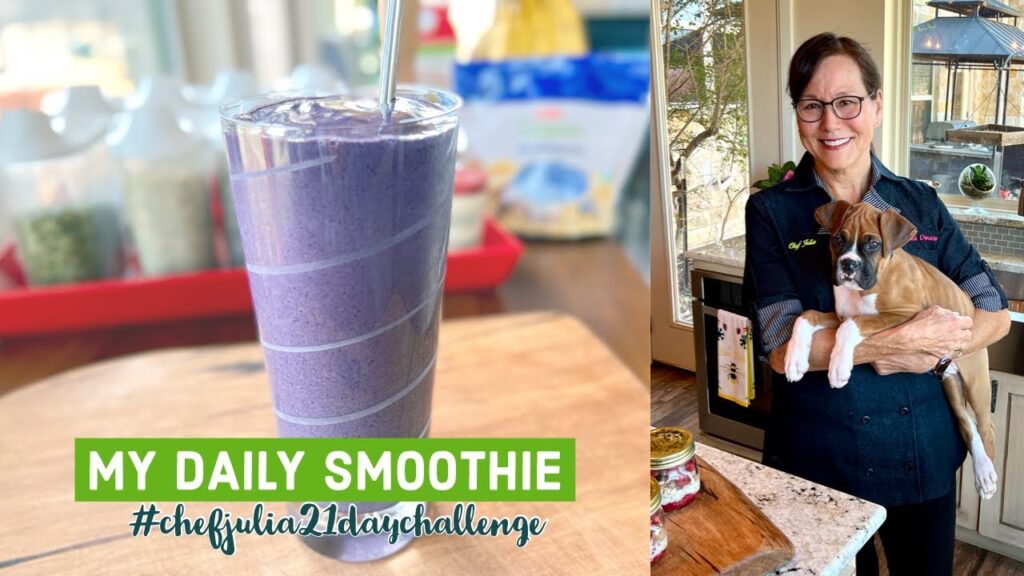 A tall glass of Chef Julia’s daily berry and seed smoothie