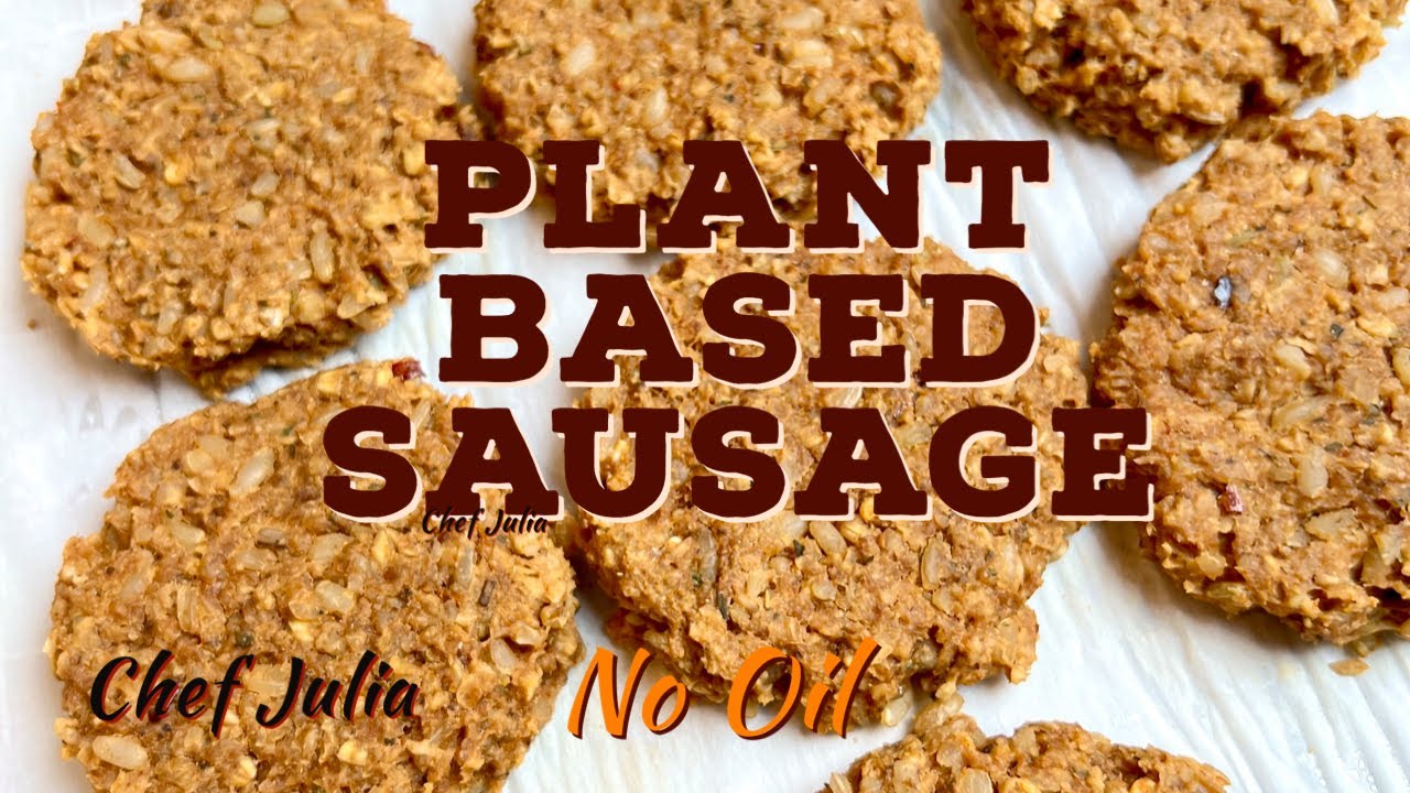 Oat and walnut plant-based sausage patties on a baking sheet